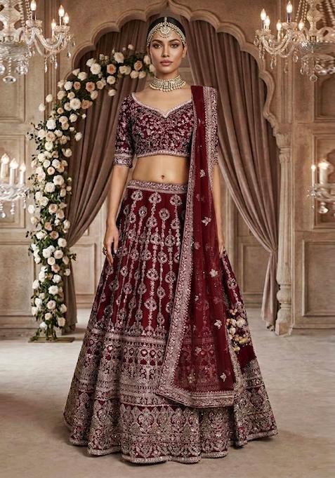 Deep Red Embroidered Bridal Lehenga Set — view on Indya