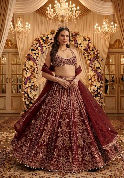 Deep Maroon Embroidered Bridal Lehenga Set — view on Indya