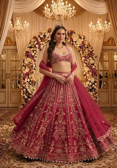 Rani Pink Embroidered Bridal Lehenga Set — view on Indya