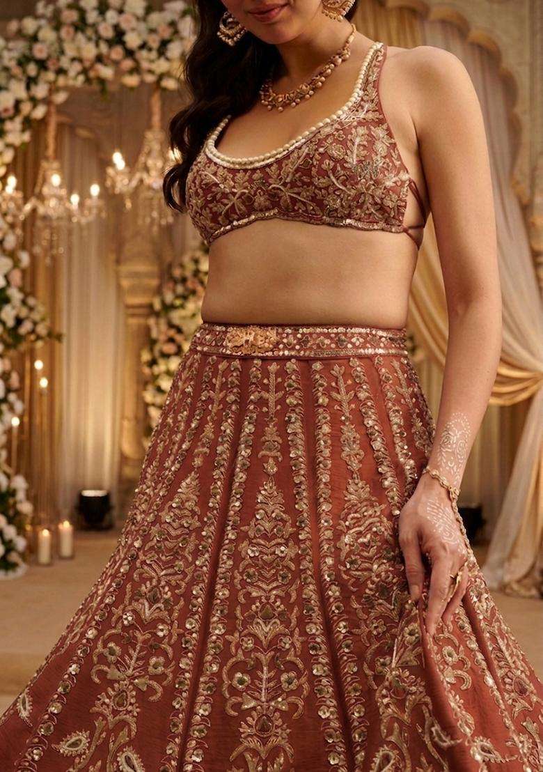 Brown Embroidered Bridal Lehenga Set - Indya