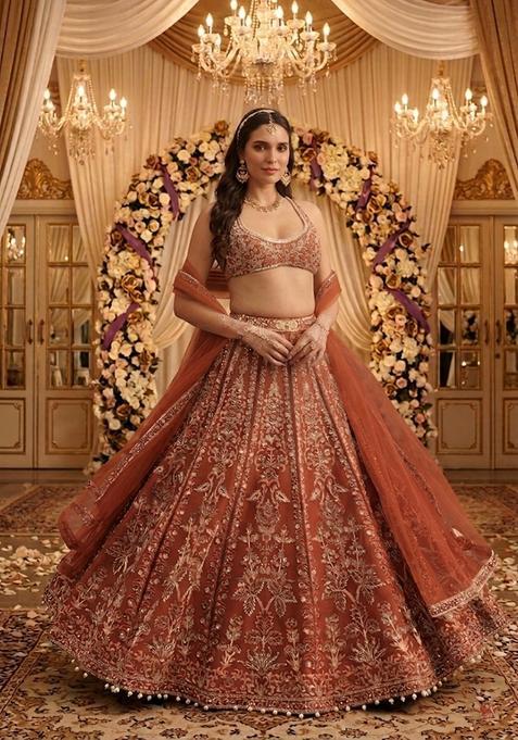 Brown Embroidered Bridal Lehenga Set — view on Indya