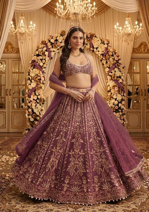 Purple Embroidered Bridal Lehenga Set — view on Indya
