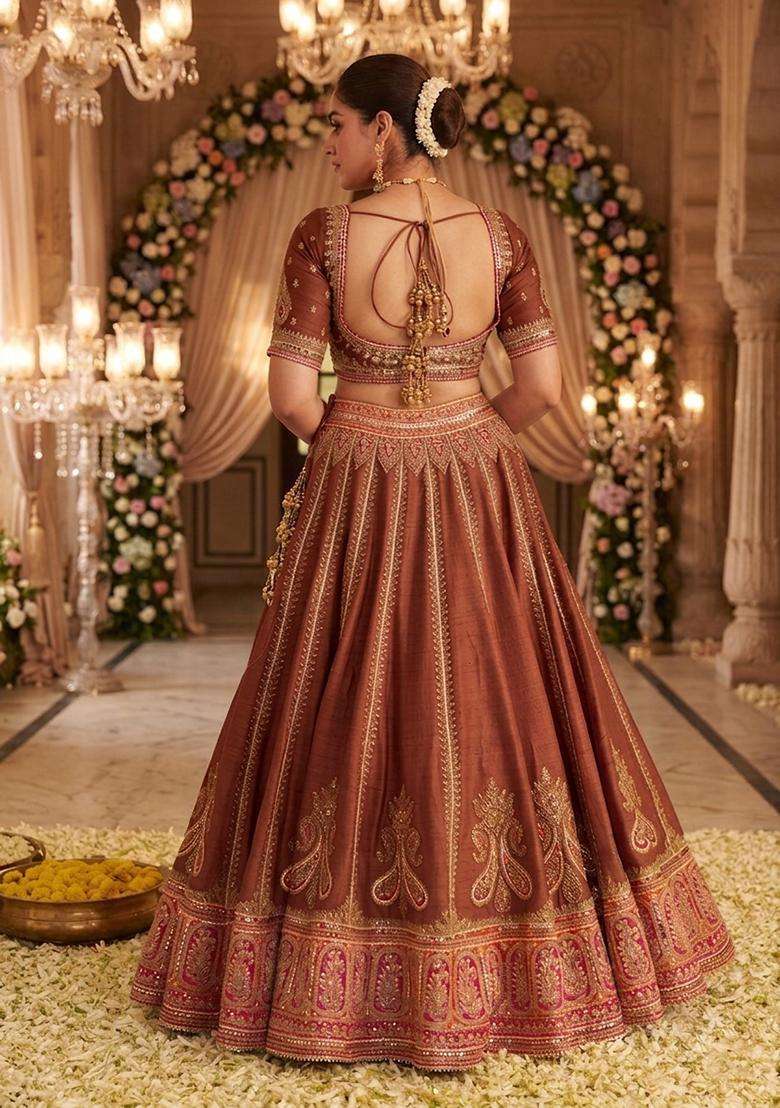 Rust Brown Embroidered Bridal Lehenga Set - Indya