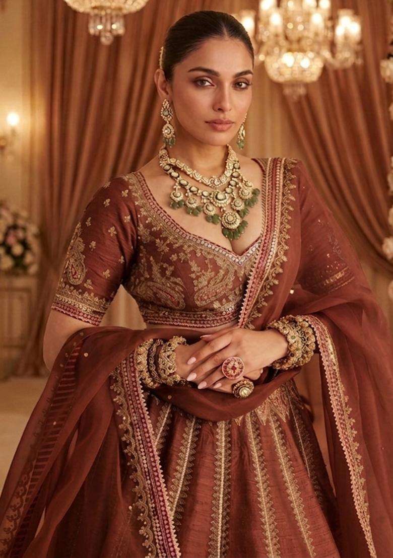 Rust Brown Embroidered Bridal Lehenga Set - Indya