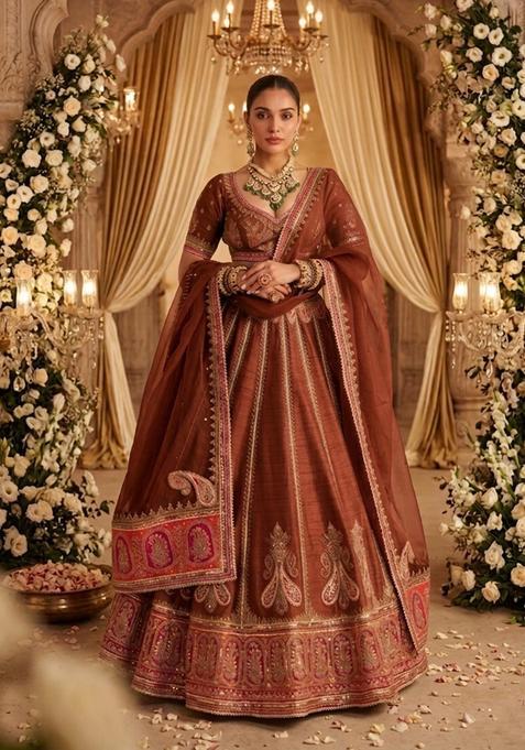Rust Brown Embroidered Bridal Lehenga Set — view on Indya