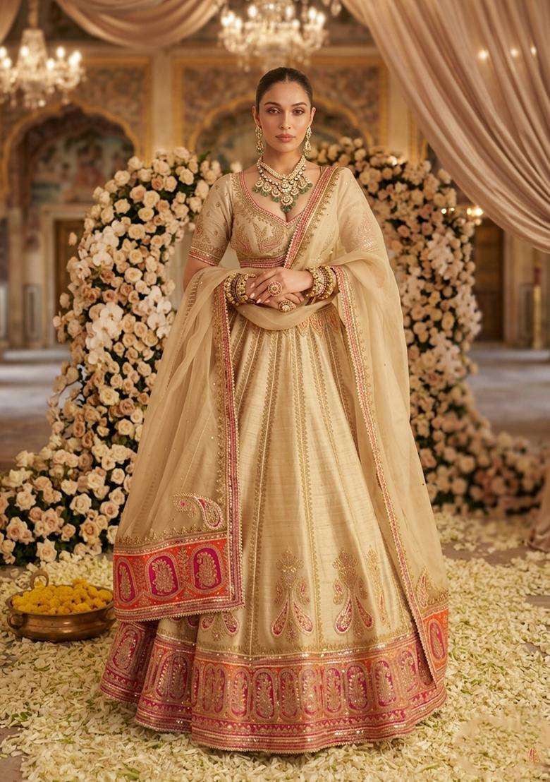 Off White Embroidered Bridal Lehenga Set - Indya