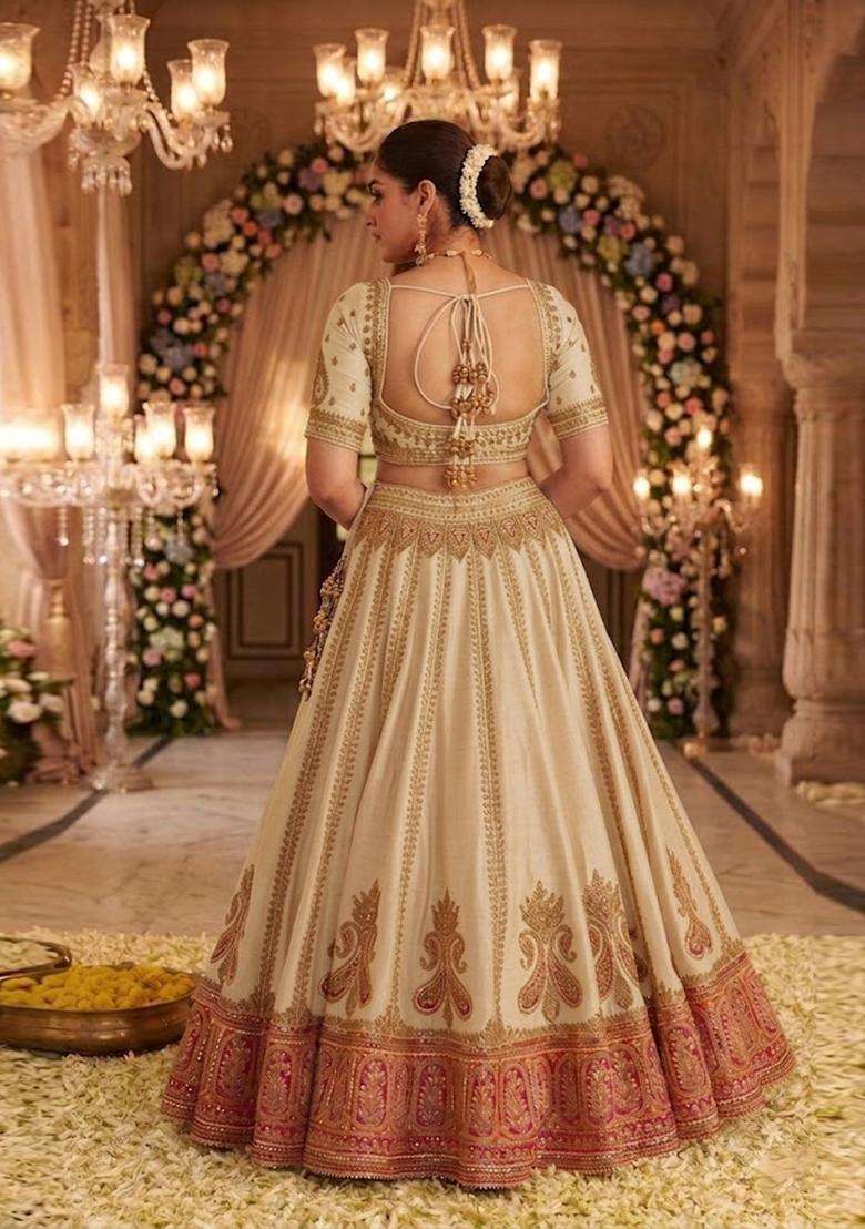 Off White Embroidered Bridal Lehenga Set - Indya