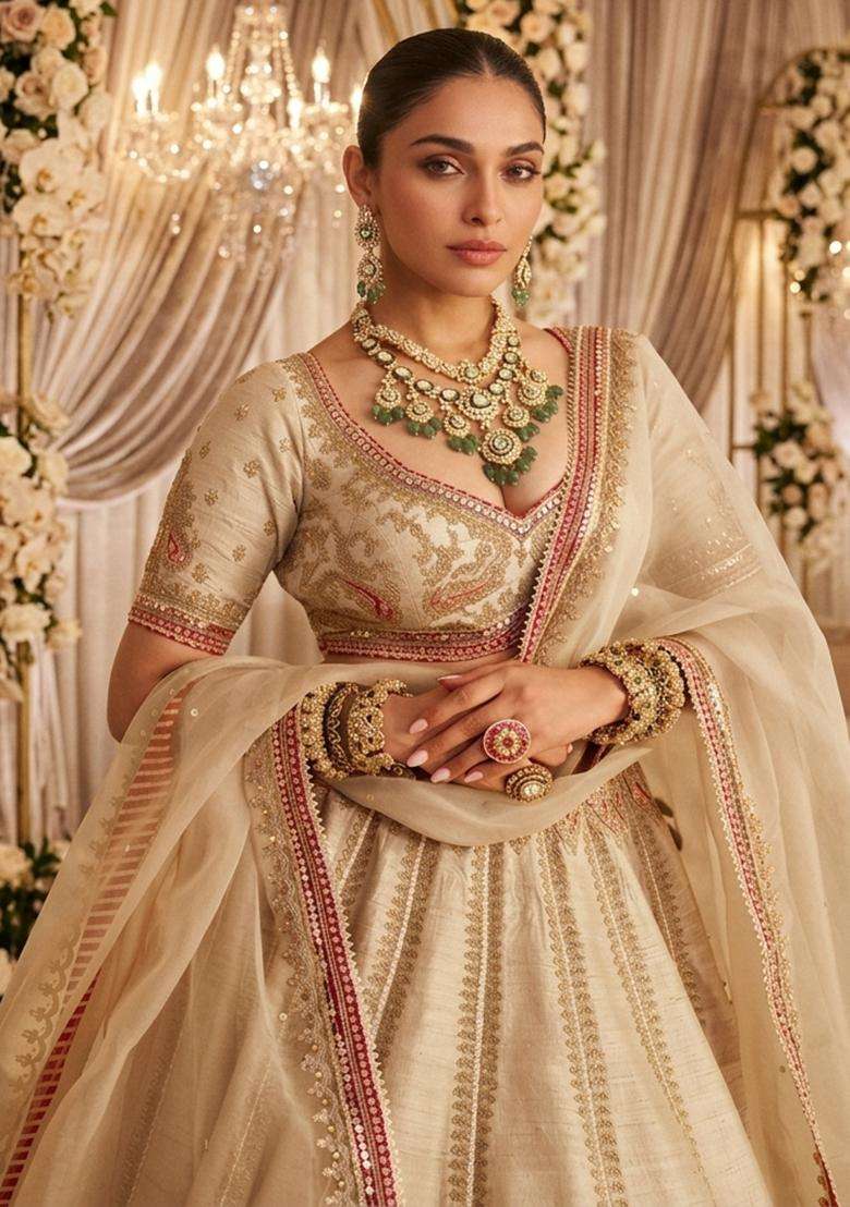 Off White Embroidered Bridal Lehenga Set - Indya