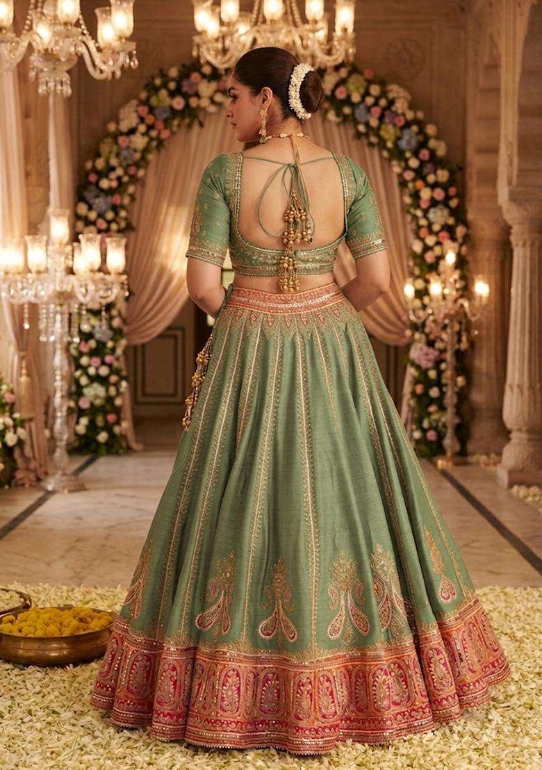 Sage Green Embroidered Bridal Lehenga Set - Indya