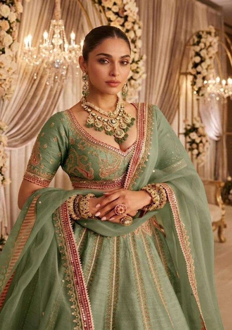 Sage Green Embroidered Bridal Lehenga Set - Indya