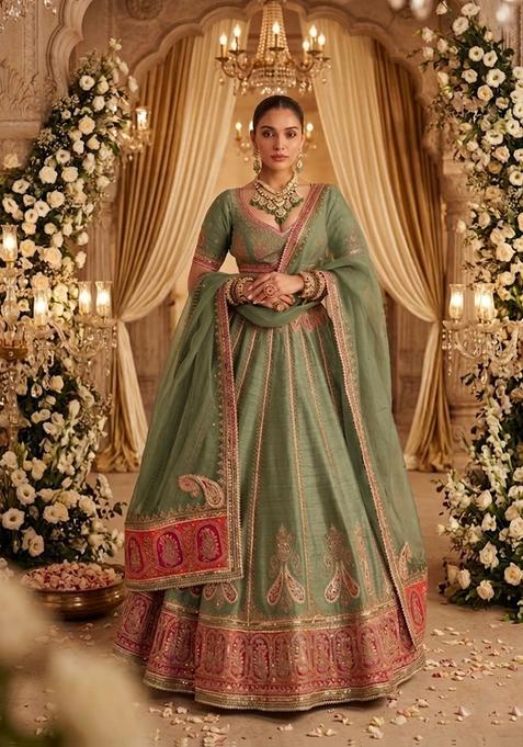 Sage Green Embroidered Bridal Lehenga Set — view on Indya