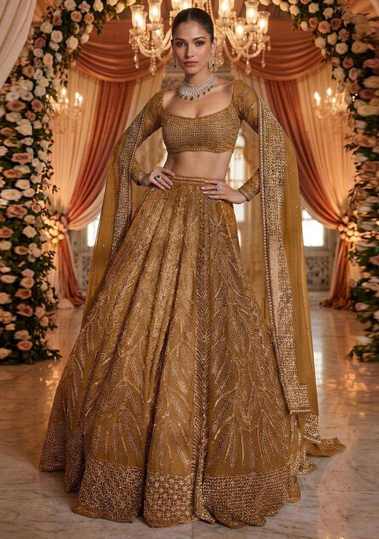 Mustard Yellow  Embroidered Bridal Lehenga Set - Indya