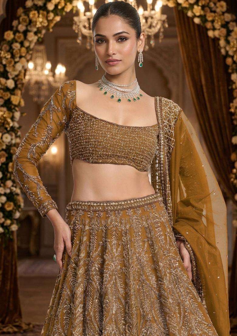 Mustard Yellow  Embroidered Bridal Lehenga Set - Indya