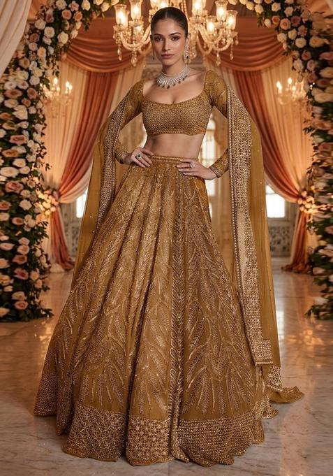 Mustard Yellow Embroidered Bridal Lehenga Set — view on Indya
