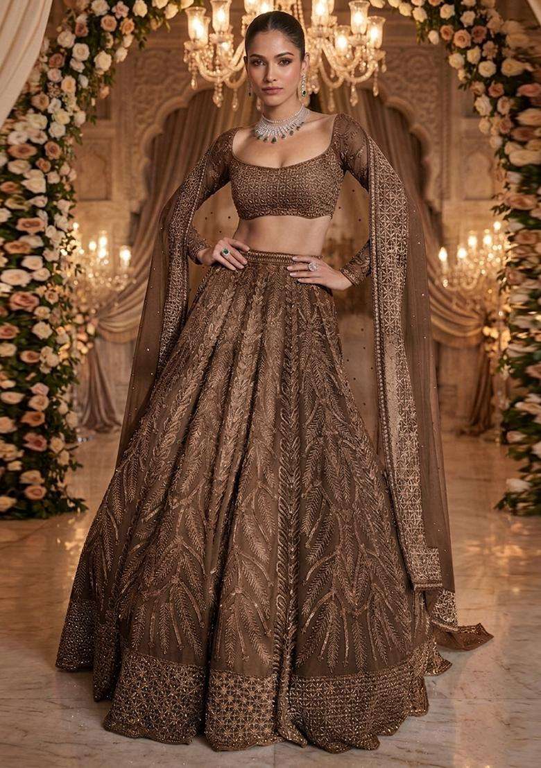 Deep Brown Embroidered Bridal Lehenga Set - Indya