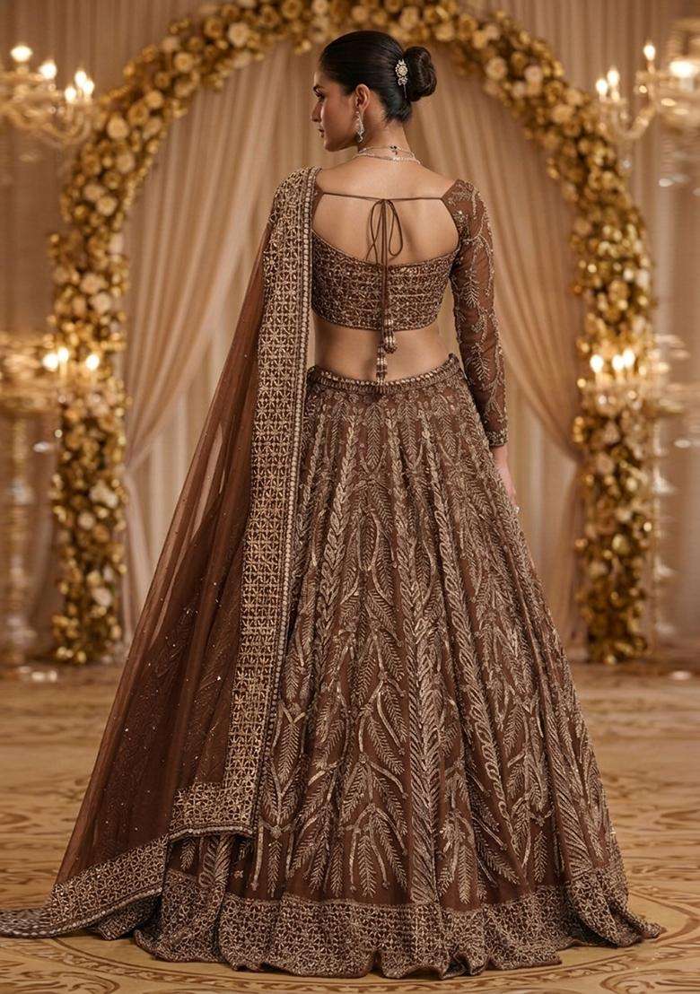 Deep Brown Embroidered Bridal Lehenga Set - Indya