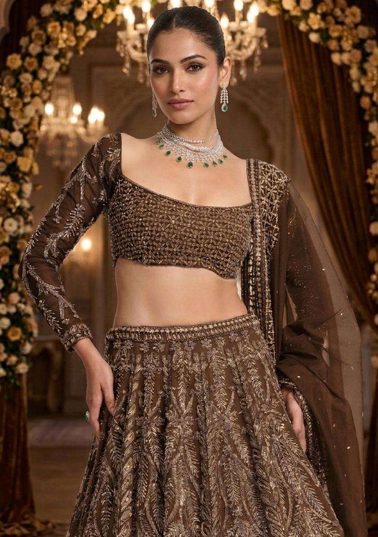 Deep Brown Embroidered Bridal Lehenga Set - Indya
