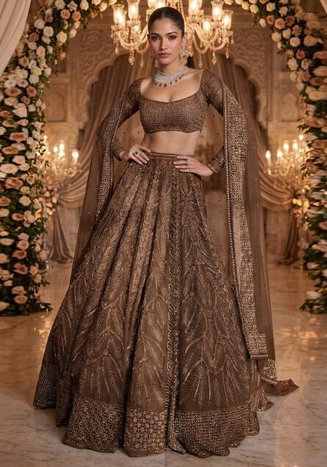 Deep Brown Embroidered Bridal Lehenga Set — view on Indya