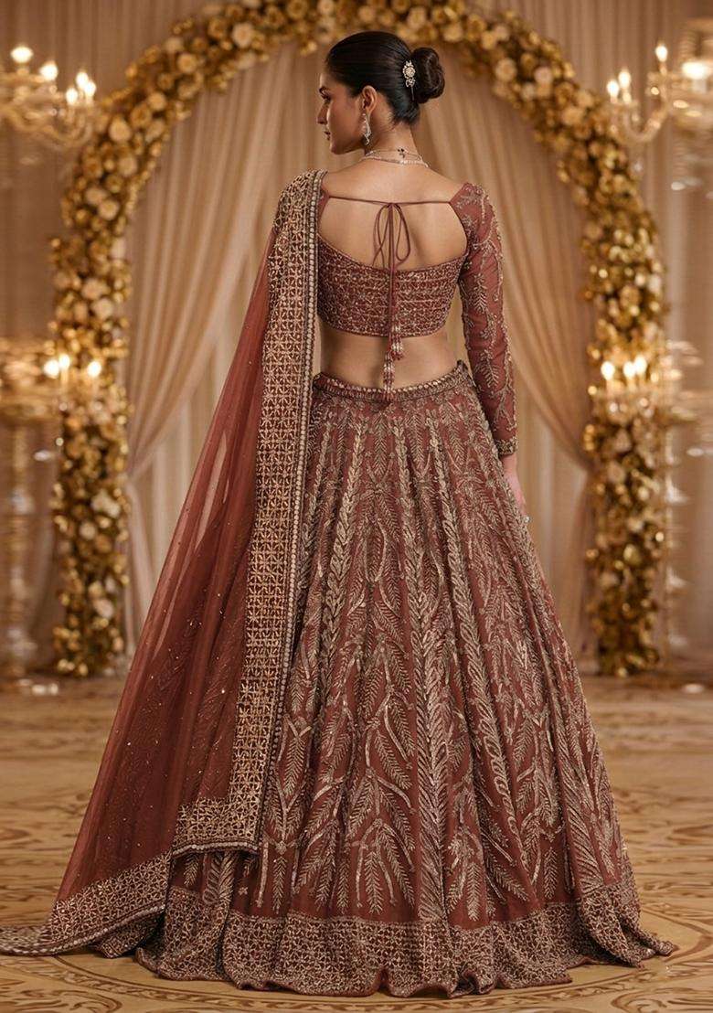 Brown Embroidered Bridal Lehenga Set - Indya