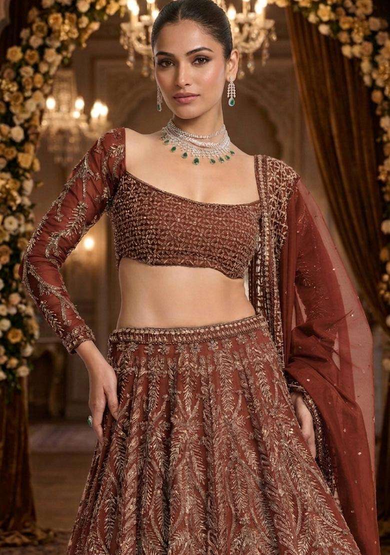 Brown Embroidered Bridal Lehenga Set - Indya
