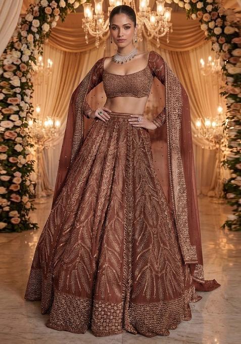 Brown Embroidered Bridal Lehenga Set — view on Indya