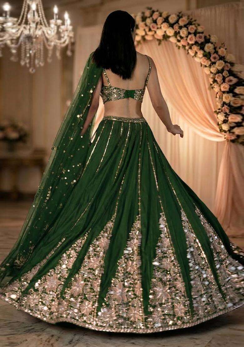 Bottle Green Embroidered Bridal Lehenga Set - Indya