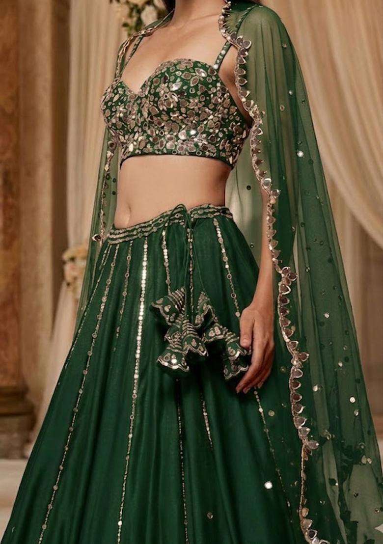 Bottle Green Embroidered Bridal Lehenga Set - Indya