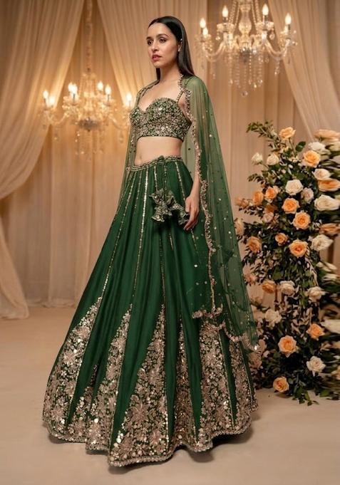 Bottle Green Embroidered Bridal Lehenga Set — view on Indya