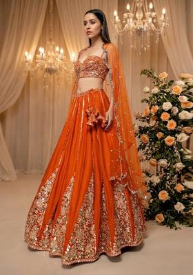 Orange  Embroidered Bridal Lehenga Set