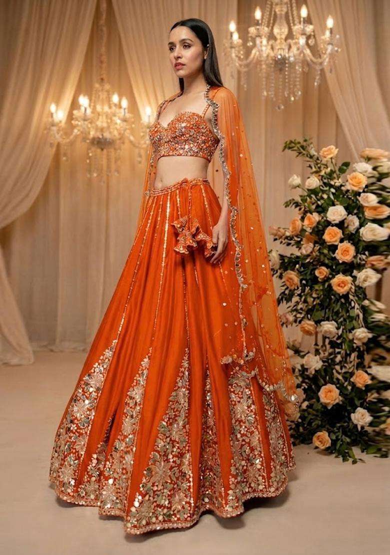 Orange  Embroidered Bridal Lehenga Set - Indya
