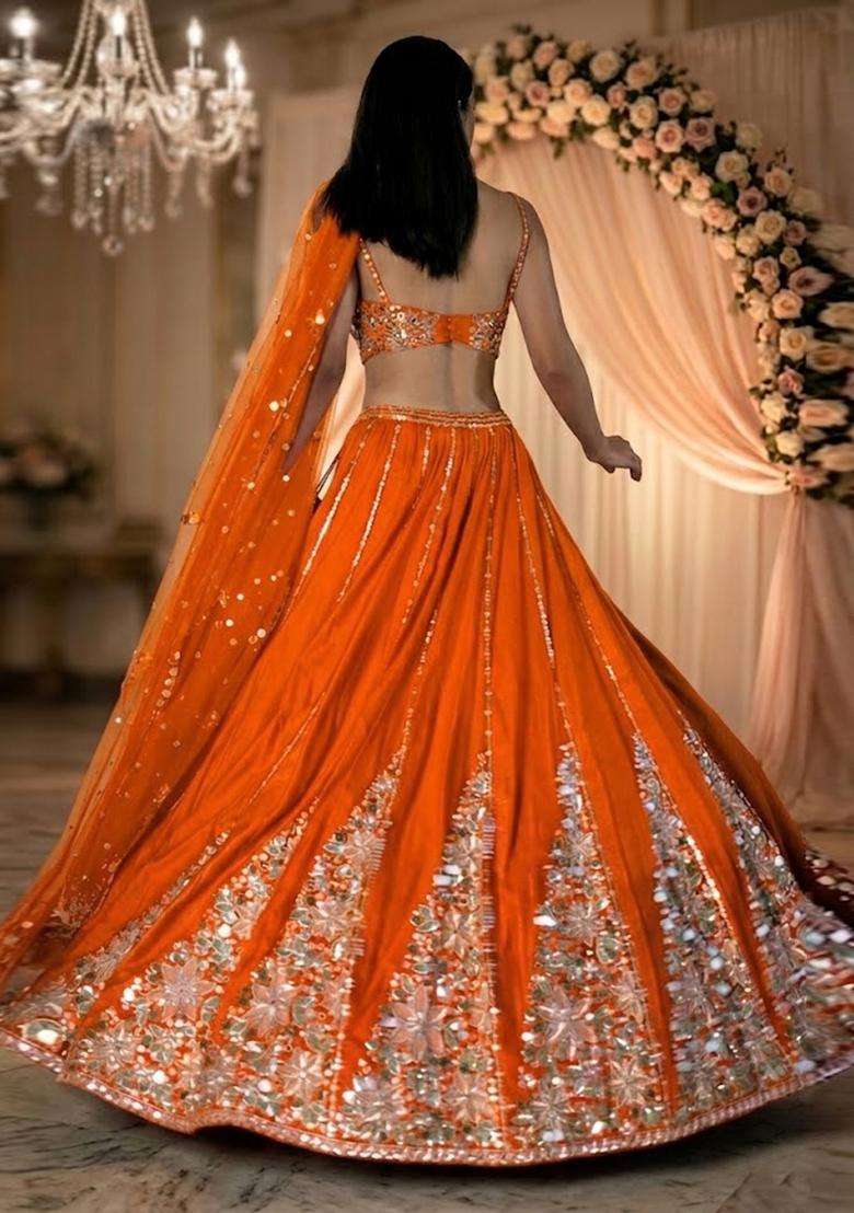 Orange  Embroidered Bridal Lehenga Set - Indya