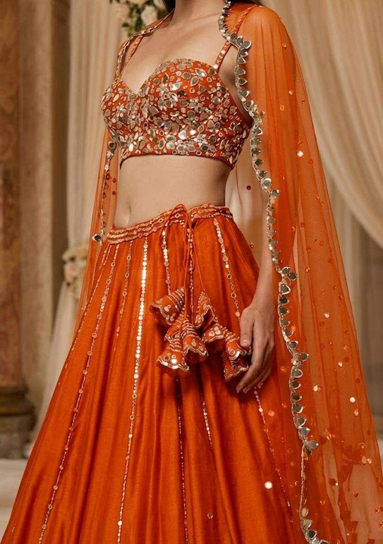 Orange  Embroidered Bridal Lehenga Set - Indya