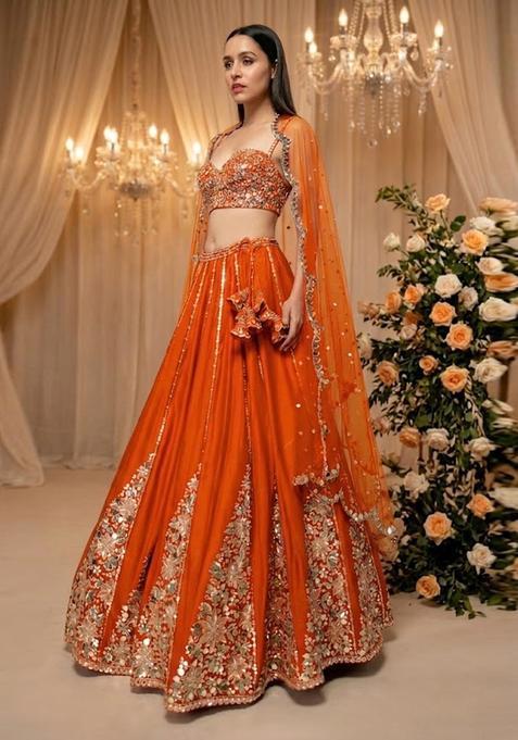 Orange Embroidered Bridal Lehenga Set — view on Indya