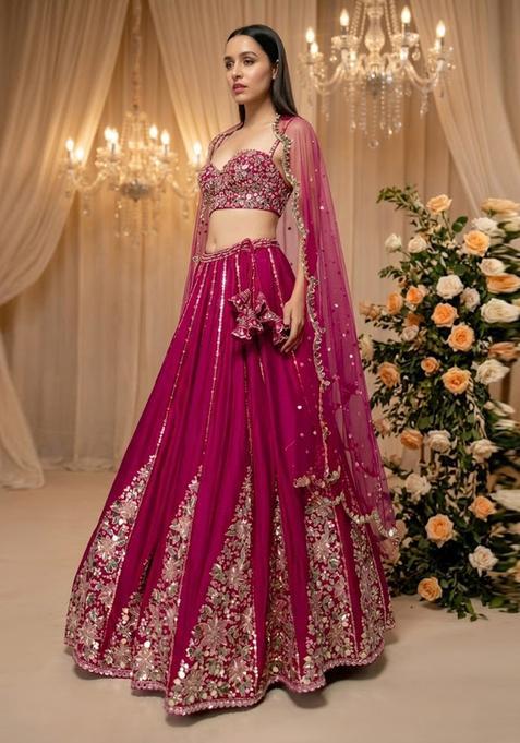 Rani Pink Embroidered Bridal Lehenga Set — view on Indya