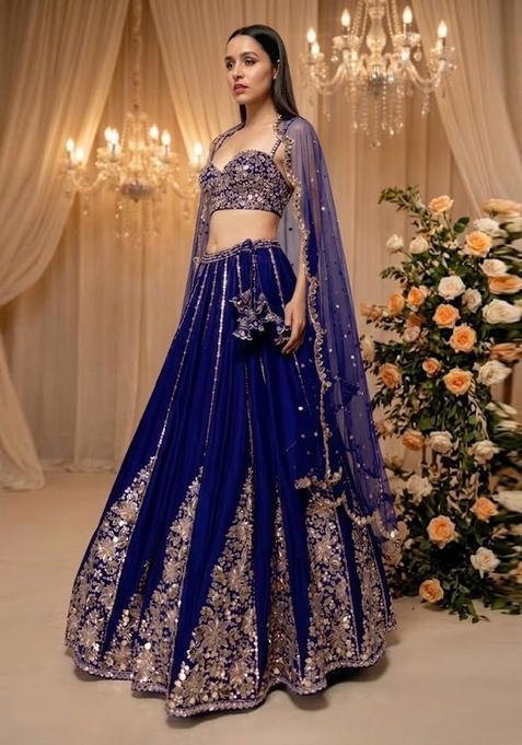 Royal Blue Embroidered Bridal Lehenga Set — view on Indya