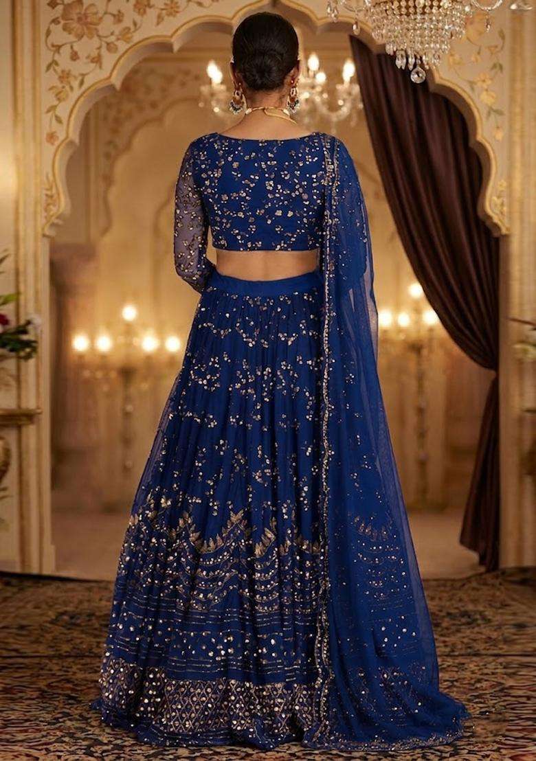 Royal Blue Embroidered Bridal Lehenga Set - Indya