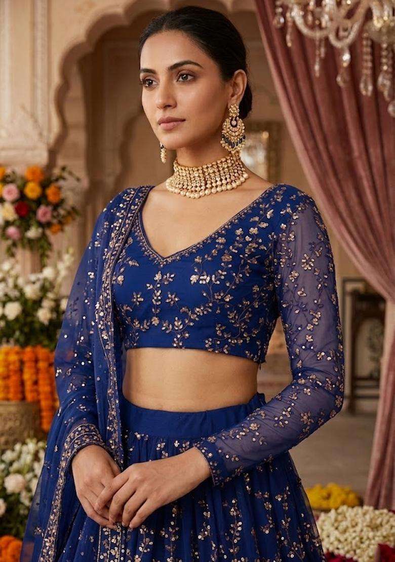 Royal Blue Embroidered Bridal Lehenga Set - Indya