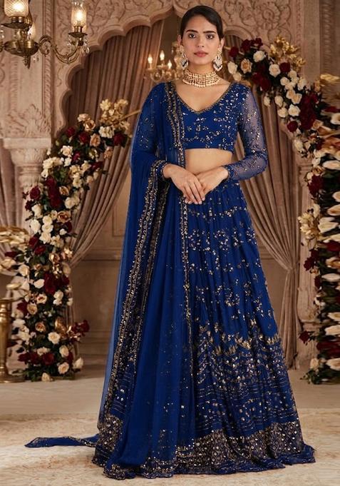 Royal Blue Embroidered Bridal Lehenga Set — view on Indya