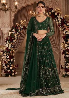 Dark Green Embroidered Bridal Lehenga Set
