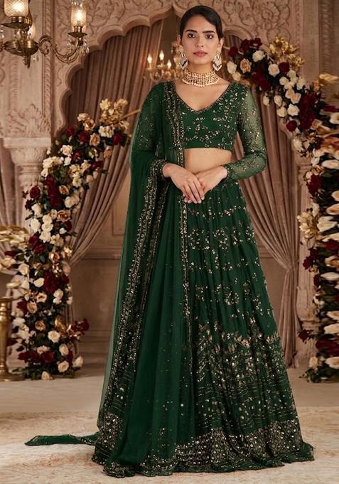 Dark Green Embroidered Bridal Lehenga Set — view on Indya
