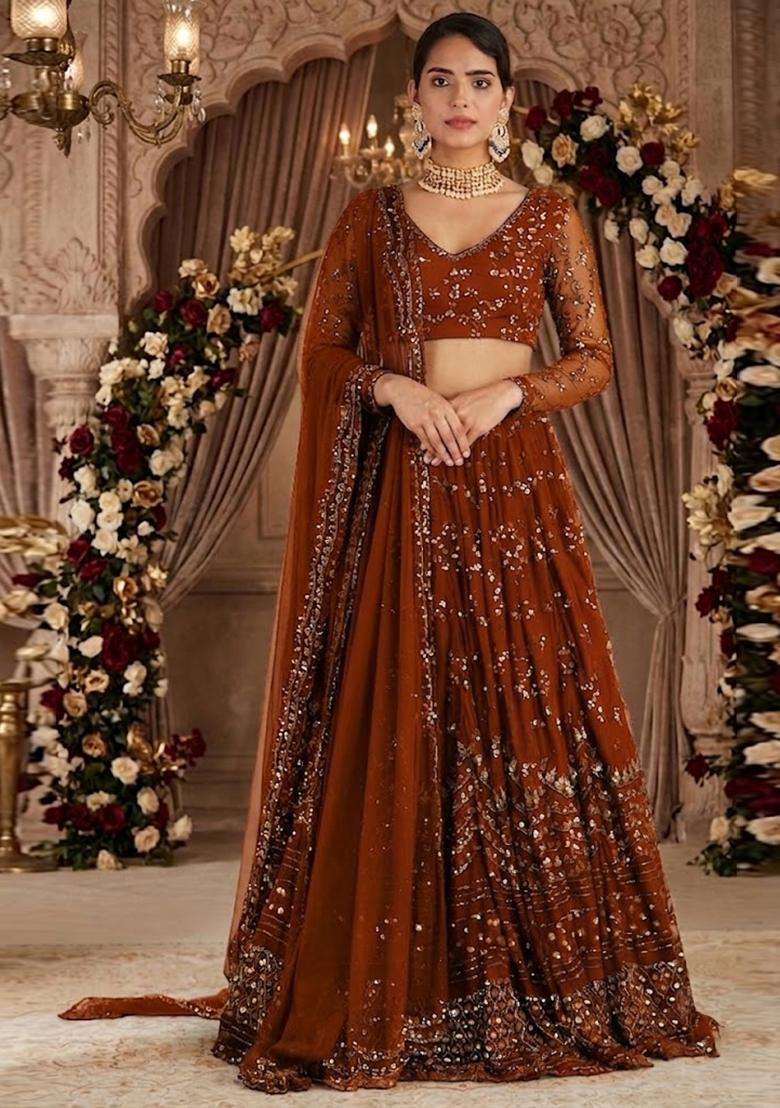 Deep Orange Embroidered Bridal Lehenga Set - Indya