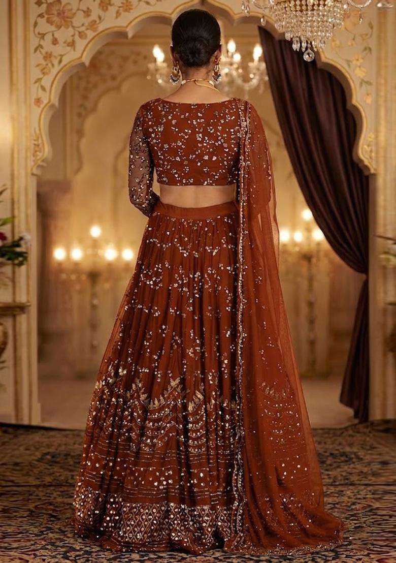Deep Orange Embroidered Bridal Lehenga Set - Indya
