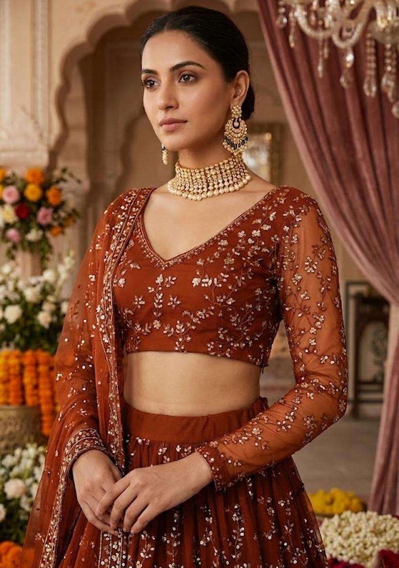 Deep Orange Embroidered Bridal Lehenga Set - Indya