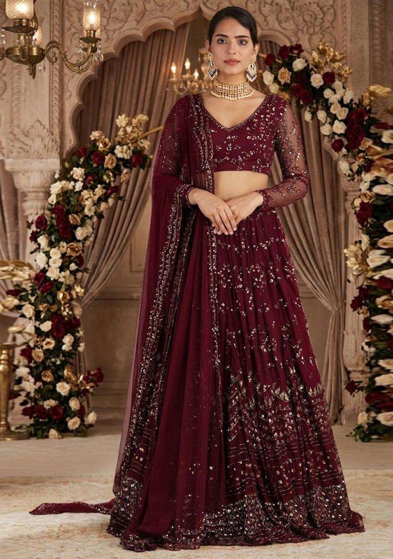 Deep Maroon Embroidered Bridal Lehenga Set - Indya