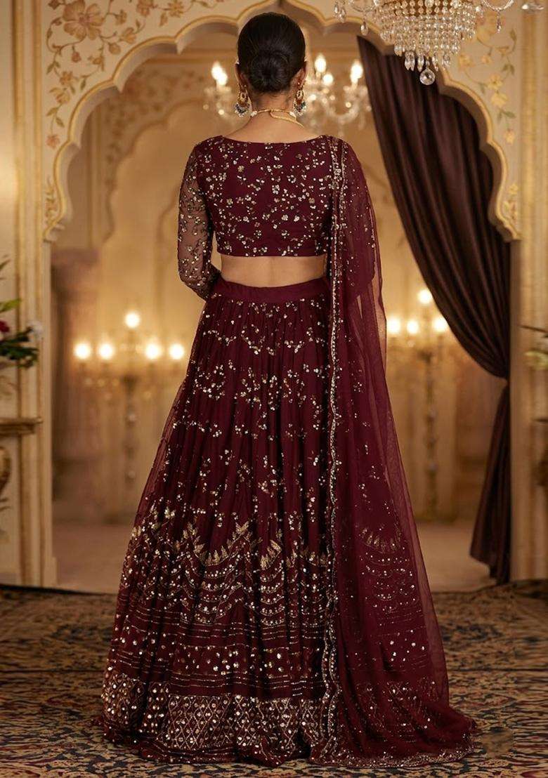 Deep Maroon Embroidered Bridal Lehenga Set - Indya