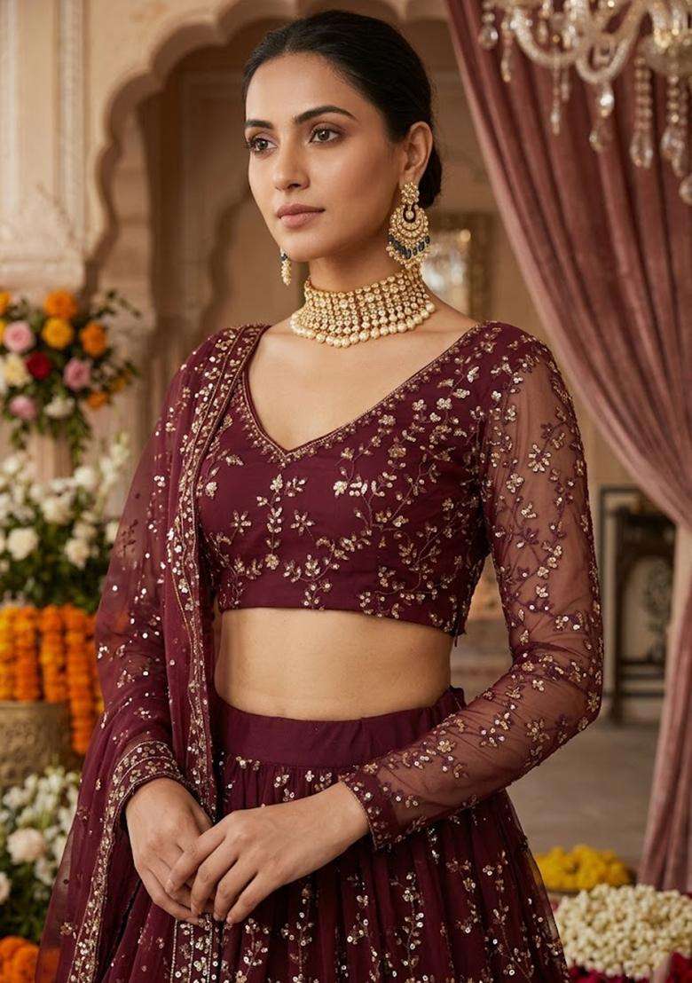 Deep Maroon Embroidered Bridal Lehenga Set - Indya