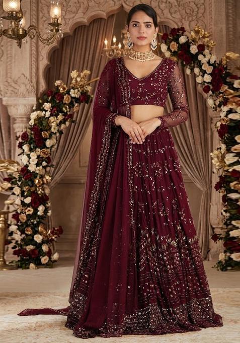 Deep Maroon Embroidered Bridal Lehenga Set — view on Indya