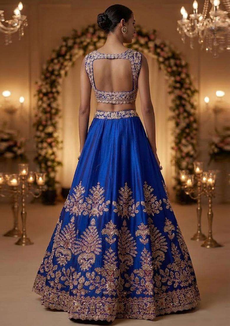 Royal Blue Embroidered Bridal Lehenga Set - Indya
