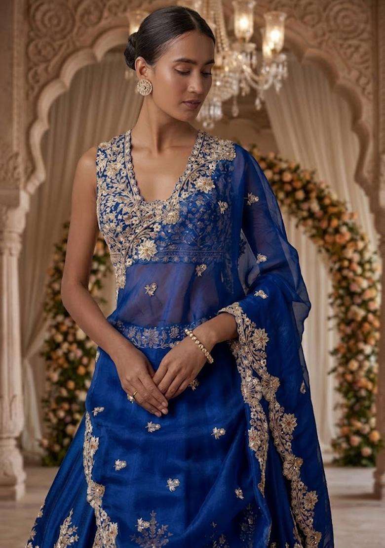 Royal Blue Embroidered Bridal Lehenga Set - Indya