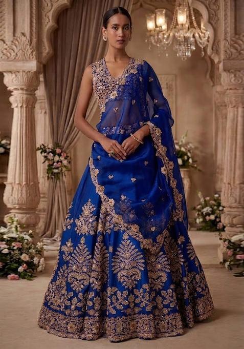 Royal Blue Embroidered Bridal Lehenga Set — view on Indya